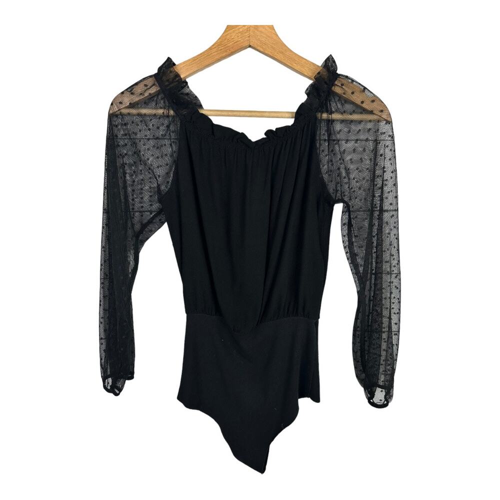 Tezenis Womens size Small Sheer Black Long Sleeve Swiss Dot Bodysuit